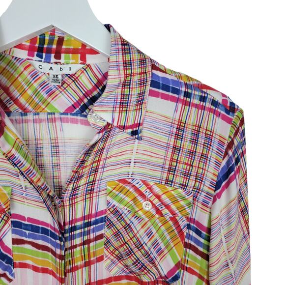 CAbi #797 Modern Plaid Cirque Blouse Roll-Tab Sleeves Shirt - Size XS - Picture 3 of 6